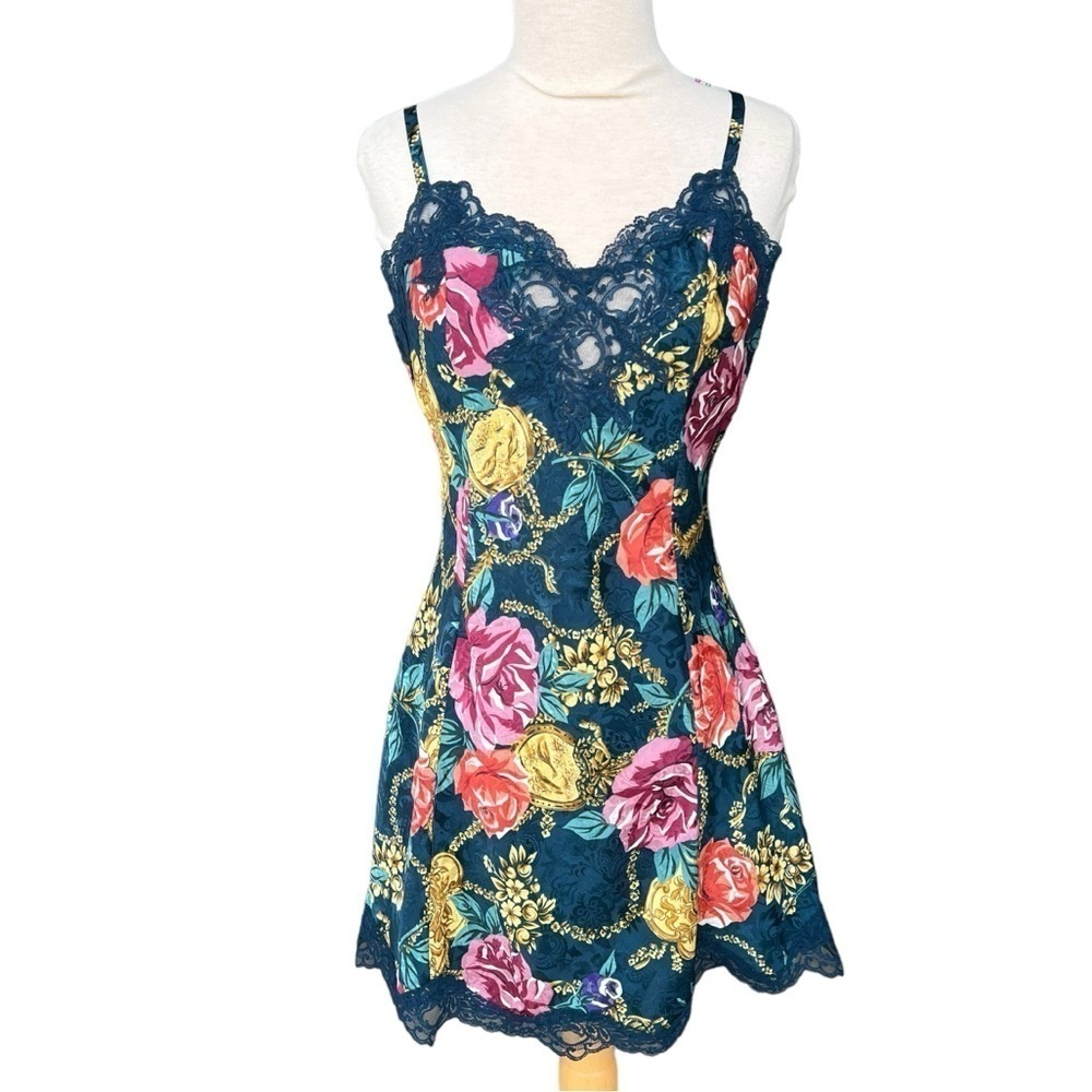 Vintage Victoria’s Secret Gold Label Floral Lace Chemise Slip Nightie Teal Med